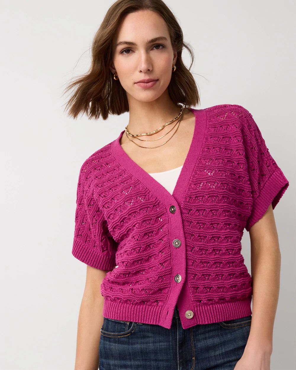 Cotton-Blend Short Sleeve Cardigan | White House Black Market